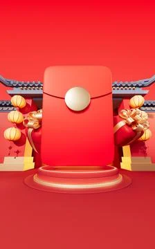 Red package with Chinese ancient building background, 3d rendering. Ilustración de archivo