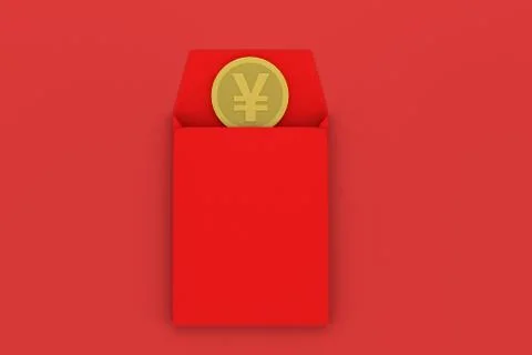 Red package with golden coin inside, red background, festive theme, 3d render Stock Illustration