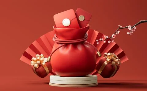 Red package with red Chinese ancient fan background, 3d rendering. Stock Illustration