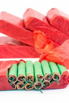 Red packets with green firecrackers Stock Photos