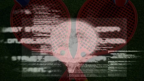 Red paddle rackets forming V shape on green turf while glitch lines, skull and Stock Footage 307459388