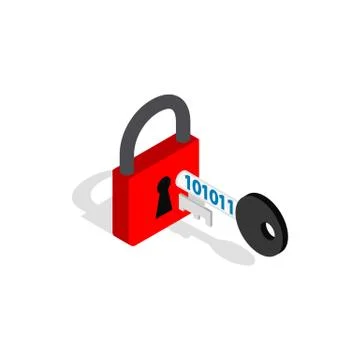 Red padlock and key icon, isometric 3d style Illustrazione stock