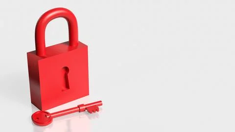 Red Padlock and Key Security Protection Concept 3d render. Stock Illustration