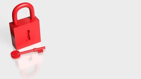 Red Padlock and Key Security Protection Concept 3d render. Stock Illustration