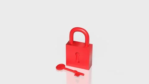 Red Padlock and Key Security Protection Concept 3d render. Stock Illustration