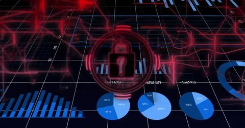 Red padlock growing over grid, causing rings spinning and pie charts shifting, イラスト素材