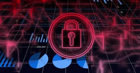 Red padlock growing over grid, causing rings spinning and pie charts shifting, Stock Illustration