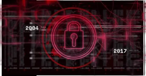 Red padlock icon pulsing on dashboard with progress rings, glitching columns, Stock Photos