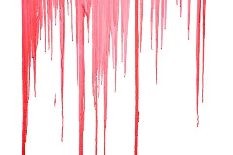 Red paint drips on white background, traces of dripping acrylic paint, vertic Stock Photos
