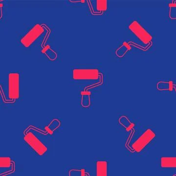 Red Paint roller brush icon isolated seamless pattern on blue background. Vec Stock Illustration