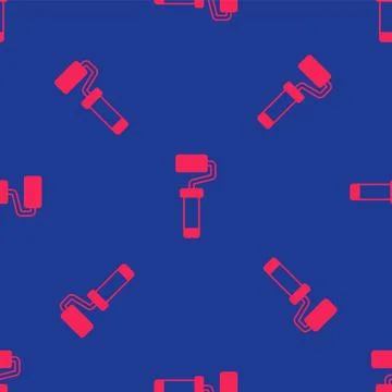 Red Paint roller brush icon isolated seamless pattern on blue background.  .. Stock Illustration
