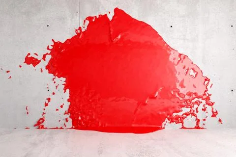 Red paint splash on abstract empty, modern concrete room wall with copy space 스톡 일러스트