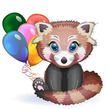 Red panda, cute character with balloons, greeting card, bright childish style Stockillustratie