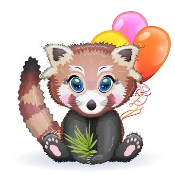 Red panda, cute character with balloons, greeting card, bright childish style 스톡 일러스트