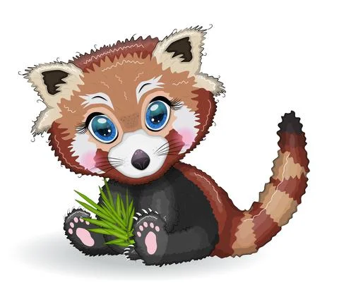 Red panda, cute character with bamboo leaves, greeting card, bright childish  イラスト素材