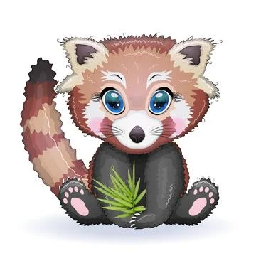 Red panda, cute character with bamboo leaves, greeting card, bright childish  Illustrazione stock