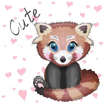 Red panda, cute character with bamboo leaves, greeting card, bright childish  Illustrazione stock