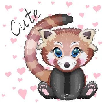 Red panda, cute character with bamboo leaves, greeting card, bright childish  Illustrazione stock