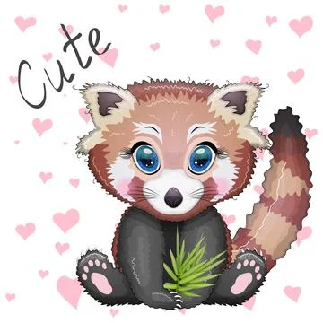 Red panda, cute character with bamboo leaves, greeting card, bright childish  Illustrazione stock