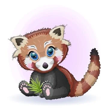 Red panda, cute character with bamboo leaves, greeting card, bright childish  Illustrazione stock