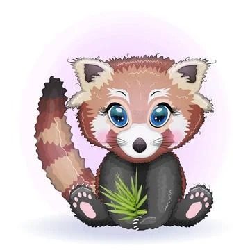 Red panda, cute character with bamboo leaves, greeting card, bright childish  스톡 일러스트