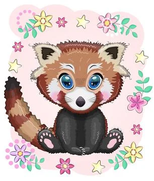 Red panda, cute character with beautiful eyes, bright childish style. Rare an Stock Illustration