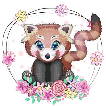 Red panda, cute character with beautiful eyes, bright childish style. Rare an Illustrazione stock