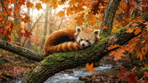 Red Panda Resting on Tree Branch Over Stream Stock Footage 343581549