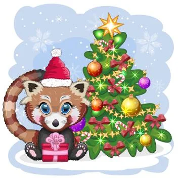 Red panda in santa hat with a ball near the christmas tree, cute character, c Stock Illustration