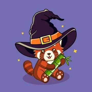 Red Panda Wearing Hat Witch with Bamboo Vector Illustration 스톡 일러스트