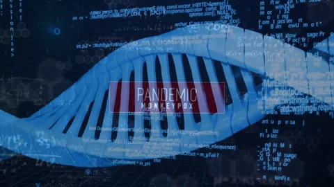 Red PANDEMIC MONKEYPOX label appearing, 3D DNA helix rotating right, showing Stock Footage 329122276