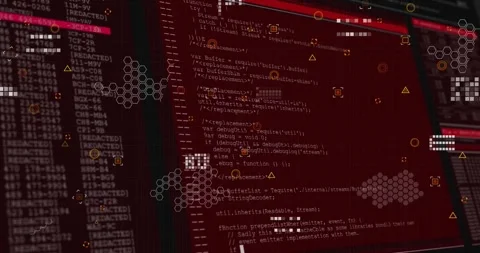 Red panel sliding right revealing code, pulsing HUD markers and hex clusters Stock Footage 329505799