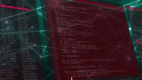 Red panels sliding right causing zooming, code panel scrolling, network pulsing, Stock Footage 335732120