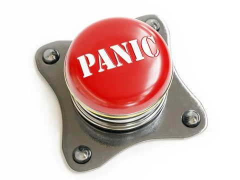 Red Panic pushbutton 3D render of metal push button with red upper face an... Stock Photos