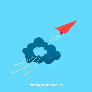 Red paper airplane flew through a dark storm cloud, isometric image 스톡 일러스트