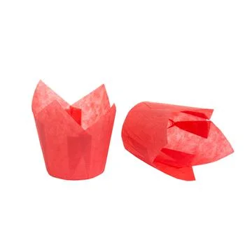 Red paper baking Tulip forms for cakes Stock Photos