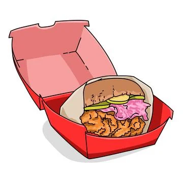 A red paper box package with a burger inside. Food industry and professional bus Stock-Illustration