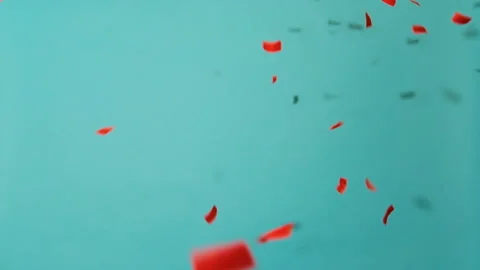Red paper confetti streamers fly on a blue background Stock Footage 221983087