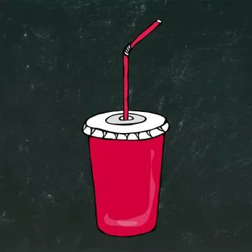 Red Paper Cup with Lid and Straw, Glass for Beverage Takeaway. Realistic Hand Stock Illustration