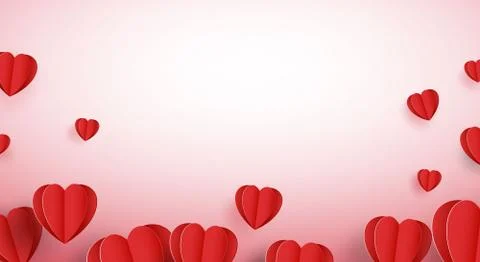 Red paper elements in the shape of a heart flying on a pink background. Stock Illustration