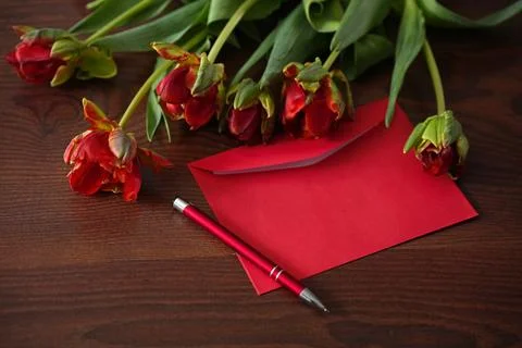Red paper envelope, red pen and beautiful bouquet of red tulips on wooden b.. Stock Photos