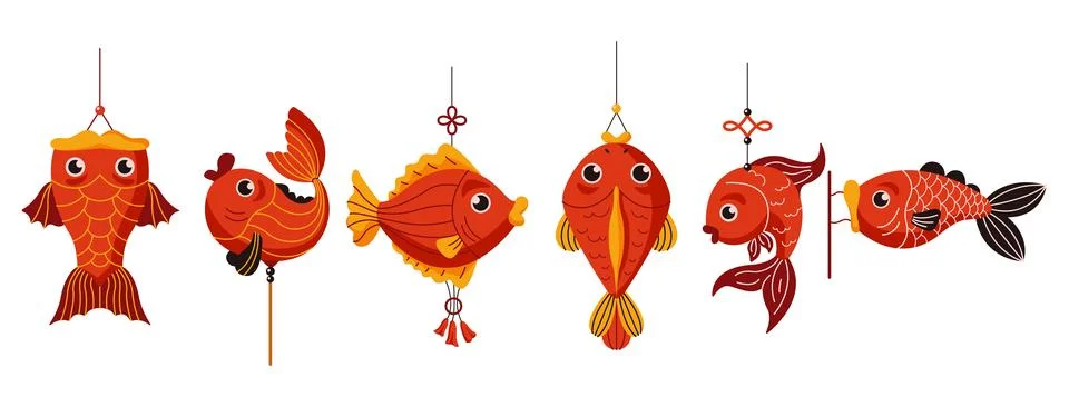 Red paper fish decorations flat color vector objects set Stock Illustration