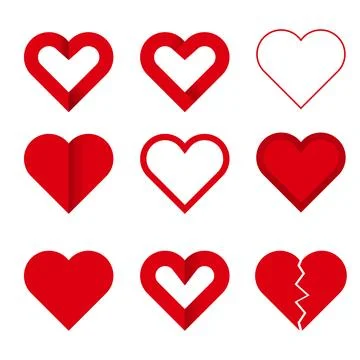 Red paper heart icon set with origami ribbon effects, geometric heart symbols Stock Illustration