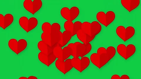 Red Paper Hearts Falling Downward Over Green Screen Background Stock Footage 346206818