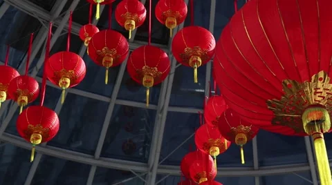 Red paper lanterns, sunny day Stock Footage 60054988