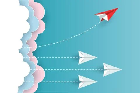 Red paper plane changing direction from white up to the sky. new idea. differ Stock Illustration