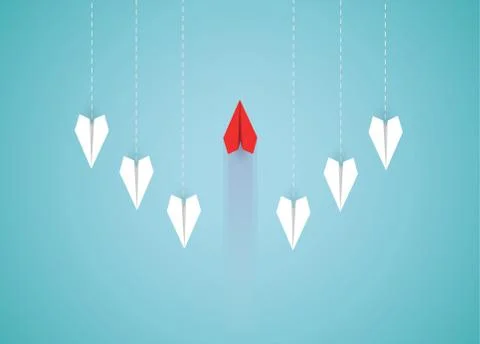 Red paper plane changing direction from white. new idea. different business c Stock Illustration