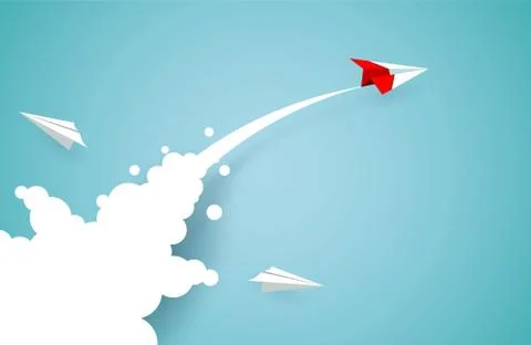 Red paper plane changing direction from white up to the sky. new idea. differ Stock Illustration