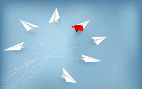 Red paper plane changing direction from white. new idea. different business c Stock Illustration