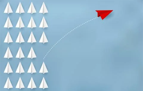 Red paper plane changing direction from white. New ideas. Different business  Stock Illustration